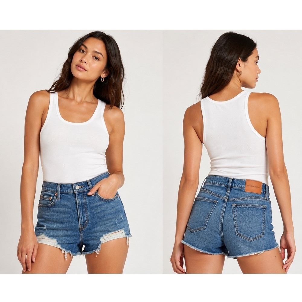 Lucky Brand Mom High Rise Short Womens 10/30 Blue Distressed Denim Frayed Hem